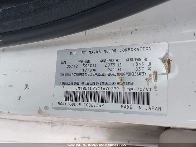 Aukcja sprzedaży 2012 Mazda Mazda3 Gs-sky, vin: JM1BL1L75C1670799, numer aukcji: 12551565