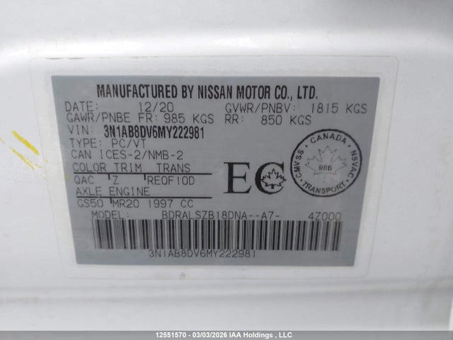 12551570 :رقم المزاد ، 3N1AB8DV6MY222981 vin ، 2021 Nissan Sentra Sr مزاد بيع