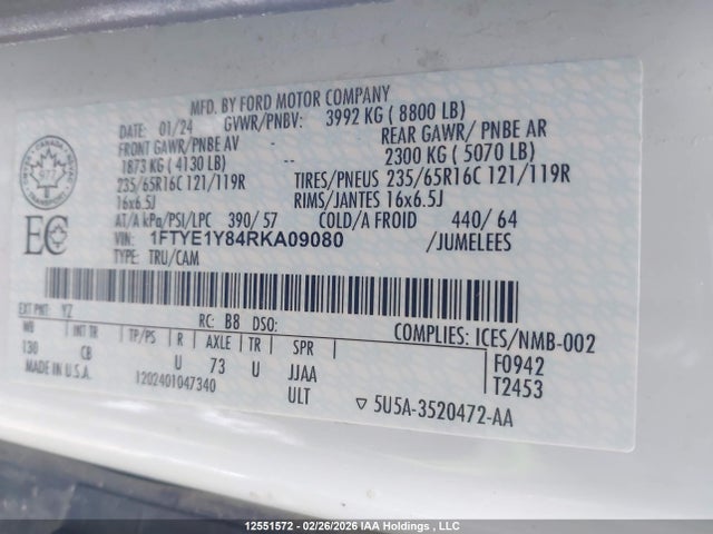 Aukcja sprzedaży 2024 Ford Transit-150 Cargo, vin: 1FTYE1Y84RKA09080, numer aukcji: 12551572