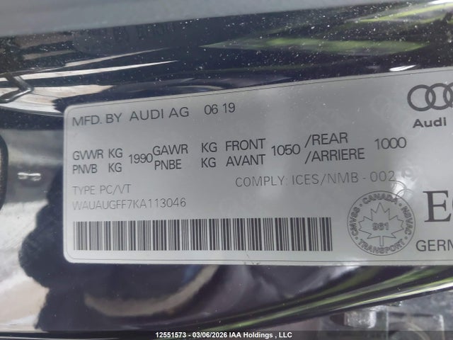 Продаж на аукціоні авто 2019 Audi A3 40 Komfort, vin: WAUAUGFF7KA113046, номер лоту: 12551573