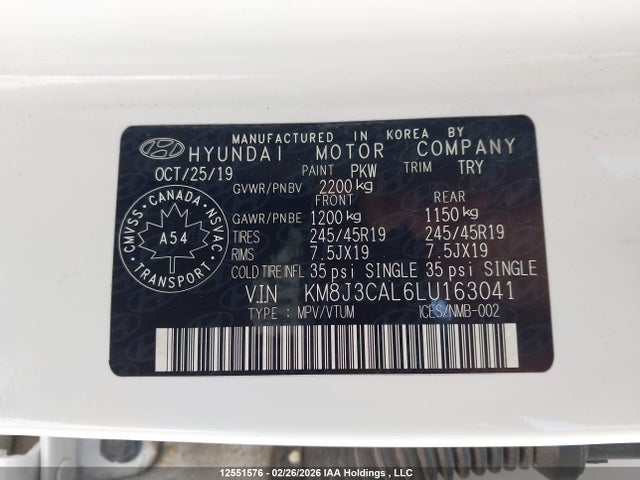 Aukcja sprzedaży 2020 Hyundai Tucson Urban Edition, vin: KM8J3CAL6LU163041, numer aukcji: 12551576