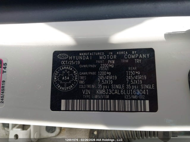 Aukcja sprzedaży 2020 Hyundai Tucson Urban Edition, vin: KM8J3CAL6LU163041, numer aukcji: 12551576