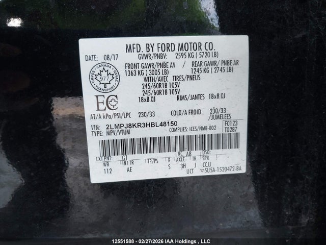 Продаж на аукціоні авто 2017 Lincoln Mkx Select, vin: 2LMPJ8KR3HBL48150, номер лоту: 12551588