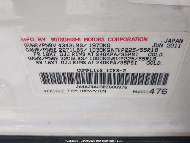 Aukcja sprzedaży 2011 Mitsubishi Rvr Gt, vin: JA4AJ4AU3BZ606976, numer aukcji: 12551590