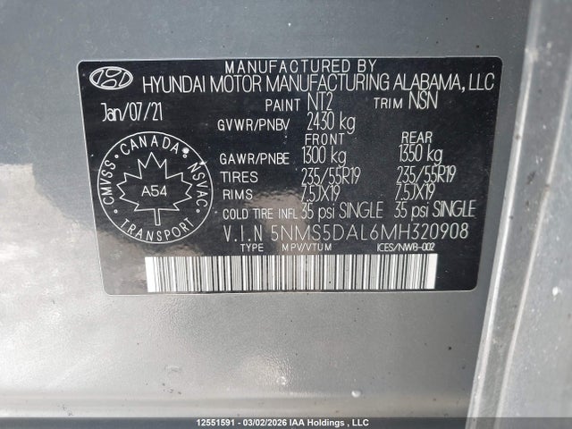 Продаж на аукціоні авто 2021 Hyundai Santa Fe Calligraphy, vin: 5NMS5DAL6MH320908, номер лоту: 12551591