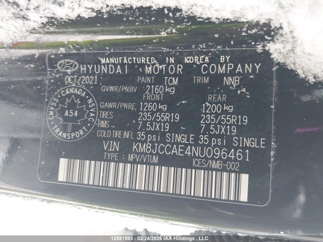 12551593 :رقم المزاد ، KM8JCCAE4NU096461 vin ، 2022 Hyundai Tucson Sel مزاد بيع