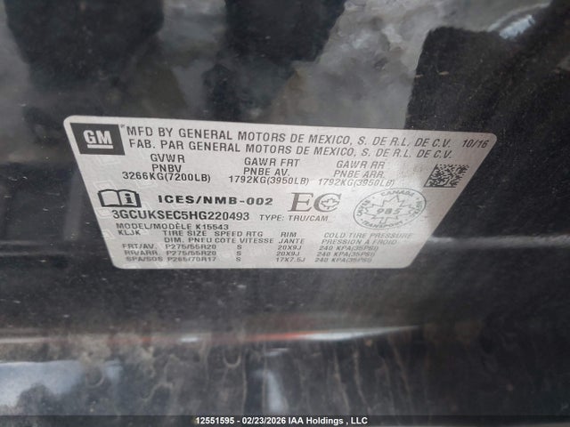 3GCUKSEC5HG220493 Chevrolet Silverado K1500 Ltz
