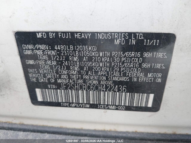 Продаж на аукціоні авто 2012 Subaru Forester 2.5x/2.5x Convenience Package, vin: JF2SHCBC6CH422436, номер лоту: 12551597