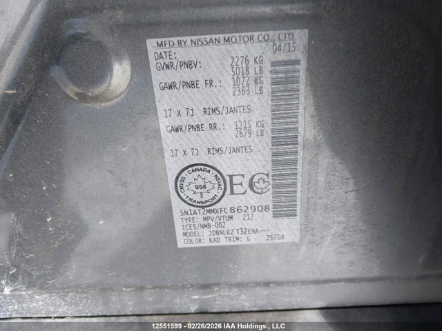 5N1AT2MMXFC862908 Nissan Rogue S/sl/sv