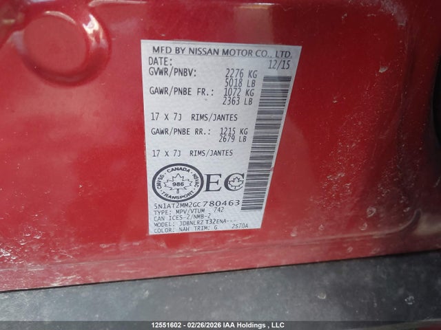 12551602 :رقم المزاد ، 5N1AT2MM2GC780463 vin ، 2016 Nissan Rogue S/sl Premium/sv مزاد بيع