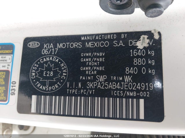 3KPA25AB4JE024919 KIA Rio Lx/lx+