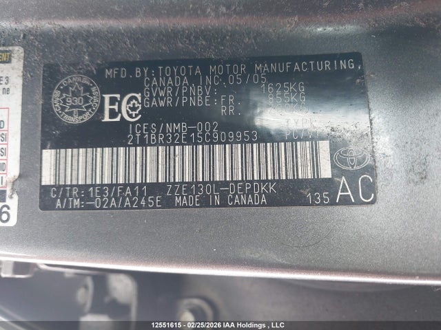 Aukcja sprzedaży 2005 Toyota Corolla Ce/le/s, vin: 2T1BR32E15C909953, numer aukcji: 12551615
