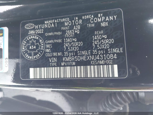 12551620 :رقم المزاد ، KM8R5DHEXNU431084 vin ، 2022 Hyundai Palisade Ultimate Calligraphy مزاد بيع