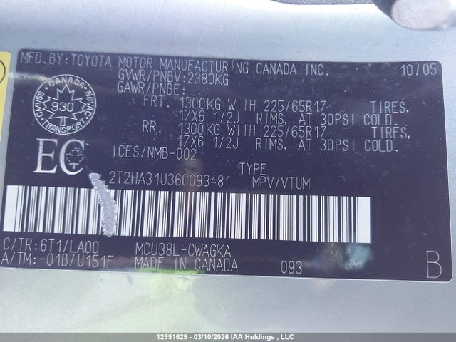 12551629 :رقم المزاد ، 2T2HA31U36C093481 vin ، 2006 Lexus Rx 330 مزاد بيع