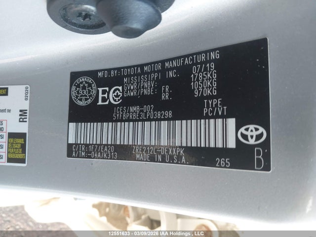 5YFBPRBE3LP038298 Toyota COROLLA LE