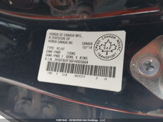12551642 :رقم المزاد ، 2HGFB2F56FH005664 vin ، 2015 Honda Civic Ex مزاد بيع
