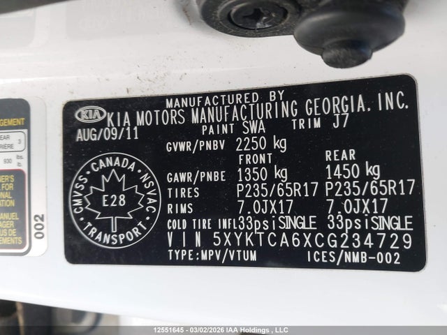 12551645 :رقم المزاد ، 5XYKTCA6XCG234729 vin ، 2012 Kia Sorento Lx مزاد بيع