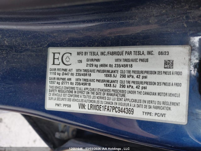 Aukcja sprzedaży 2023 Tesla Model 3, vin: LRW3E1FA7PC944369, numer aukcji: 12551646