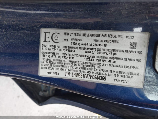 Aukcja sprzedaży 2023 Tesla Model 3, vin: LRW3E1FA7PC944369, numer aukcji: 12551646