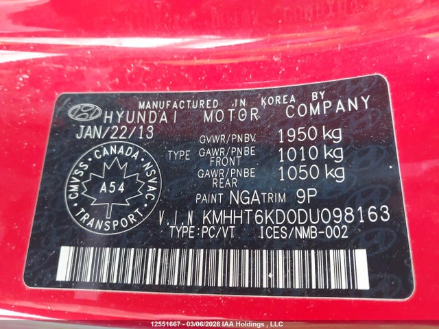 12551667 :رقم المزاد ، KMHHT6KD0DU098163 vin ، 2013 Hyundai Genesis مزاد بيع