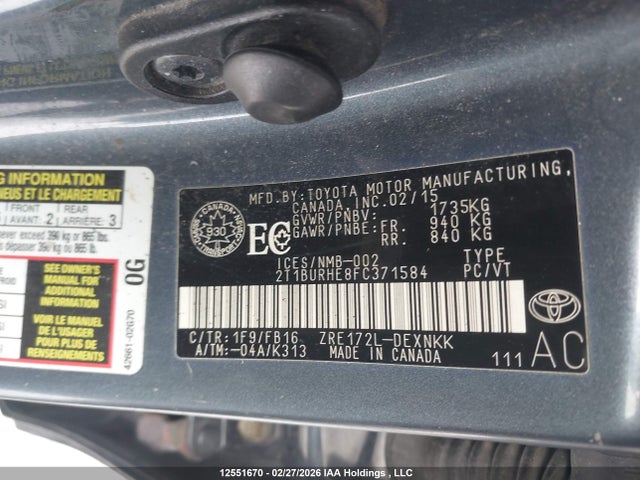 12551670 :رقم المزاد ، 2T1BURHE8FC371584 vin ، 2015 Toyota Corolla Le مزاد بيع