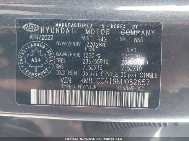 KM8JCCA19NU062657 Hyundai TUCSON HYBRID