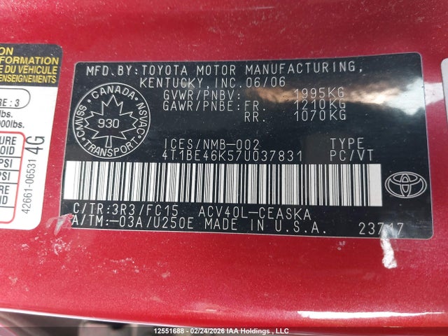 12551688 :رقم المزاد ، 4T1BE46K57U037831 vin ، 2007 Toyota Camry Ce/le/xle/se مزاد بيع