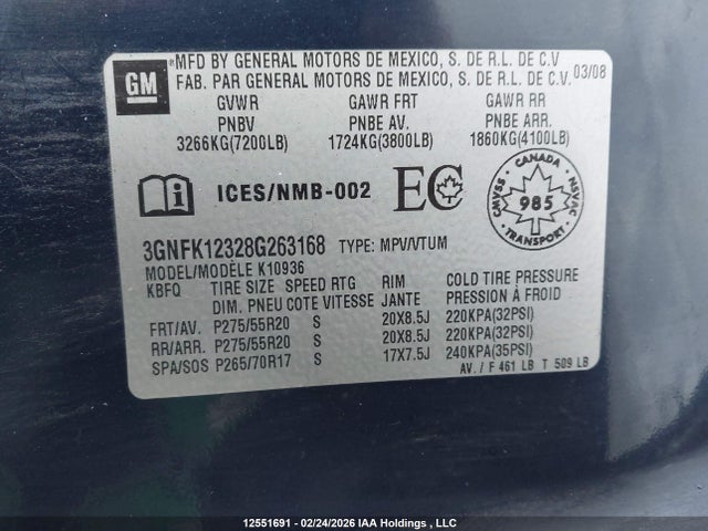 2008 Chevrolet Avalanche K1500 მანქანა იყიდება აუქციონზე, vin: 3GNFK12328G263168, აუქციონის ნომერი: 12551691