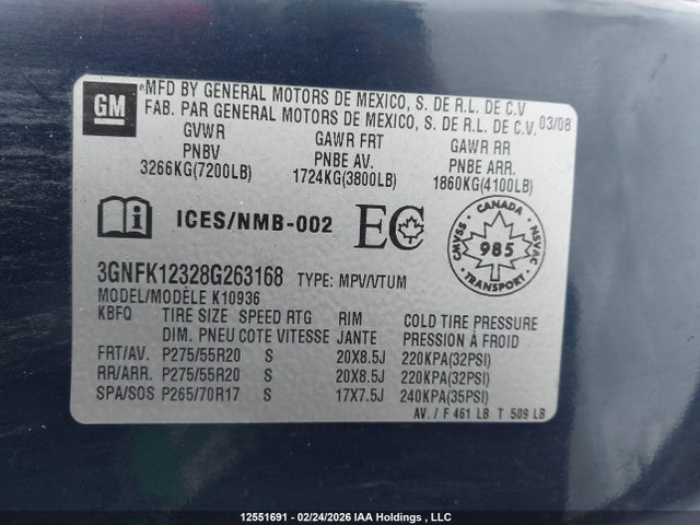 2008 Chevrolet Avalanche K1500 მანქანა იყიდება აუქციონზე, vin: 3GNFK12328G263168, აუქციონის ნომერი: 12551691