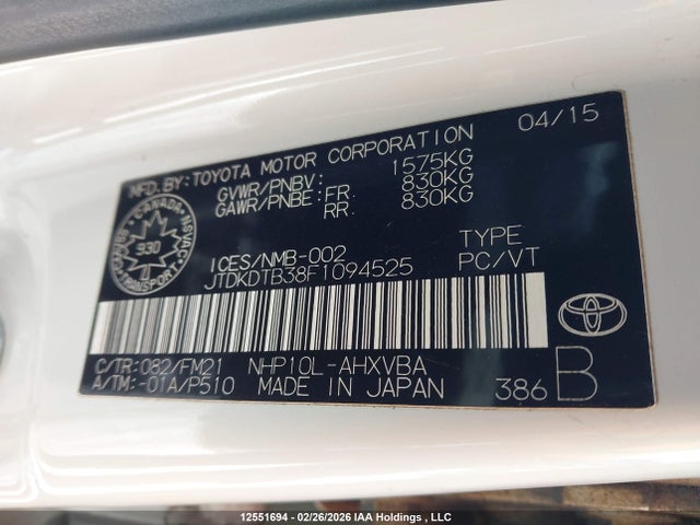 JTDKDTB38F1094525 Toyota PRIUS C