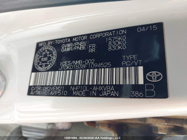 JTDKDTB38F1094525 Toyota PRIUS C