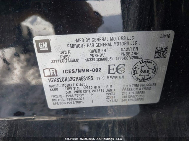 Aukcja sprzedaży 2016 Gmc Yukon Denali Denali, vin: 1GKS2CKJ2GR463195, numer aukcji: 12551699