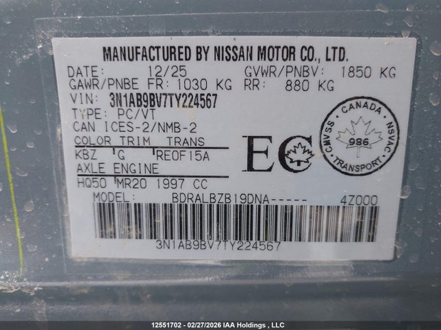 Продажа на аукционе авто 2026 Nissan Sentra S, vin: 3N1AB9BV7TY224567, номер лота: 12551702