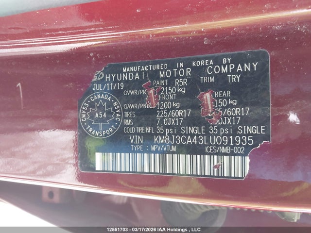 12551703 :رقم المزاد ، KM8J3CA43LU091935 vin ، 2020 Hyundai Tucson Preferred Awd With Sun And Leather Package مزاد بيع