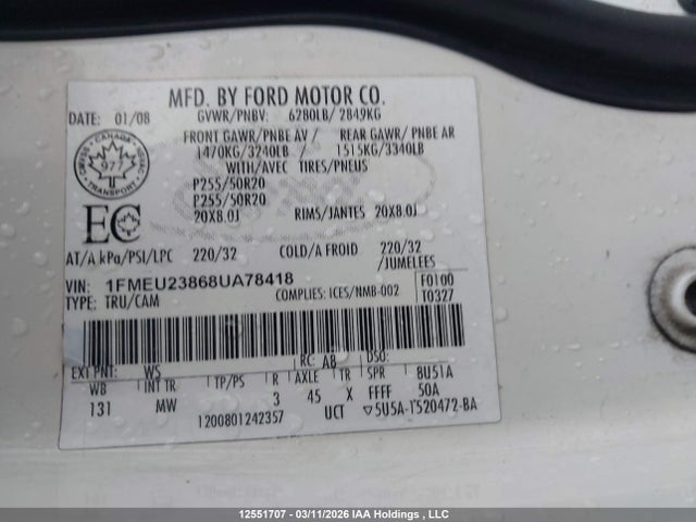 Продаж на аукціоні авто 2008 Ford Explorer Sport Trac Limited, vin: 1FMEU23868UA78418, номер лоту: 12551707