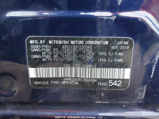 Продаж на аукціоні авто 2020 Mitsubishi Outlander, vin: JA4AZ2A35LZ606564, номер лоту: 12551714