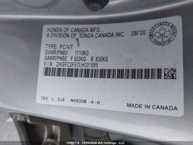 Honda Civic Lx 2020 2HGFC2F57LH031585 Image 19