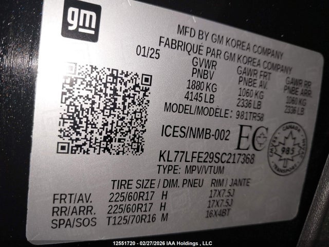 Aukcja sprzedaży 2025 Chevrolet Trax Ls Fwd, vin: KL77LFE29SC217368, numer aukcji: 12551720