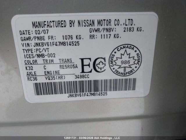 12551721 :رقم المزاد ، JNKBV61F47M814525 vin ، 2007 Infiniti G35x مزاد بيع