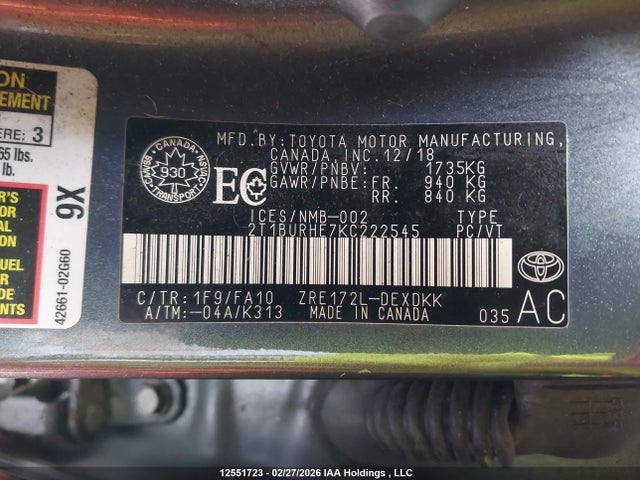12551723 :رقم المزاد ، 2T1BURHE7KC222545 vin ، 2019 Toyota Corolla مزاد بيع