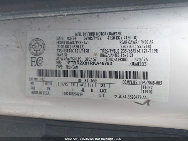 12551725 :رقم المزاد ، 1FTBR2X81RKA46783 vin ، 2024 Ford Transit T-250 مزاد بيع