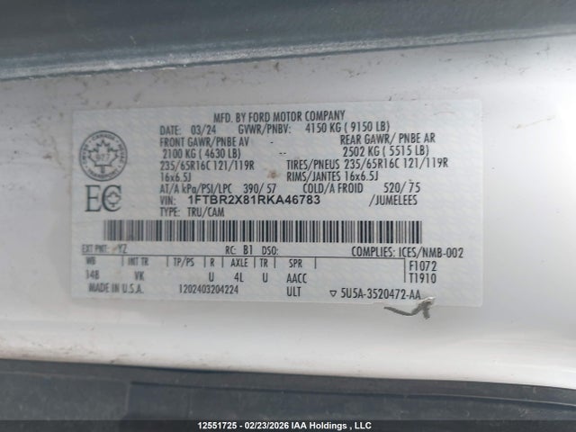 12551725 :رقم المزاد ، 1FTBR2X81RKA46783 vin ، 2024 Ford Transit T-250 مزاد بيع