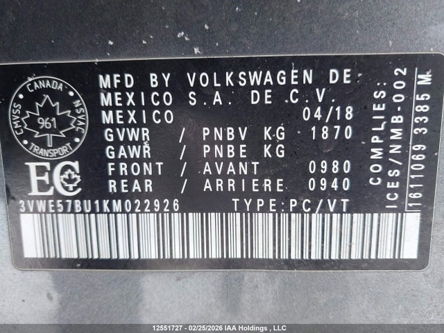 3VWE57BU1KM022926 Volkswagen JETTA SEL