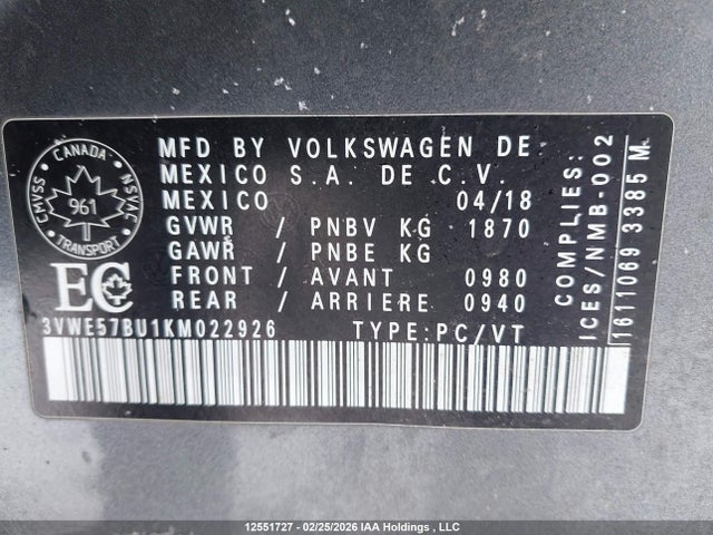 3VWE57BU1KM022926 Volkswagen JETTA SEL