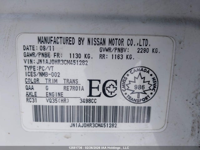 Auction sale of the 2012 Infiniti Ex35, vin: JN1AJ0HR3CM451282, lot number: 12551736