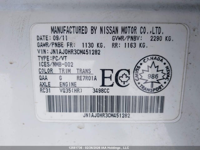 Auction sale of the 2012 Infiniti Ex35, vin: JN1AJ0HR3CM451282, lot number: 12551736