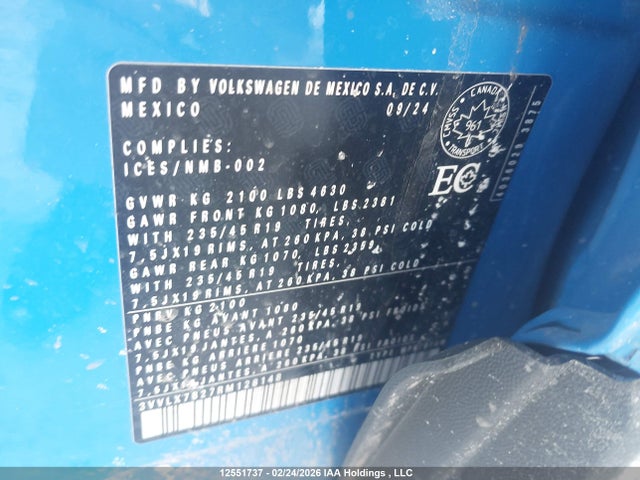 12551737 :رقم المزاد ، 3VVLX7B27RM128148 vin ، 2024 Volkswagen Taos مزاد بيع