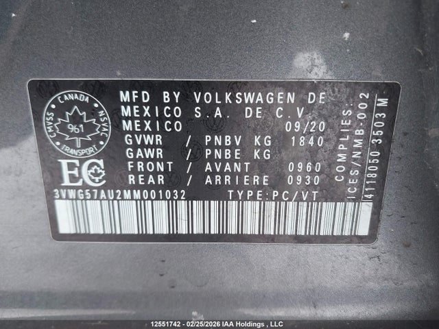 3VWG57AU2MM001032 Volkswagen Golf