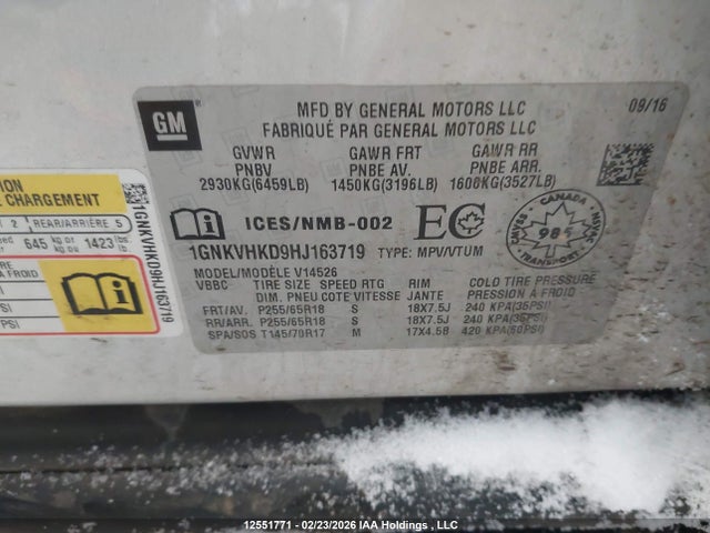 1GNKVHKD9HJ163719 Chevrolet Traverse Lt