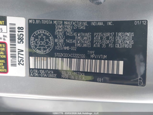 2012 Toyota Sienna მანქანა იყიდება აუქციონზე, vin: 5TDZK3DC4CS222100, აუქციონის ნომერი: 12551775
